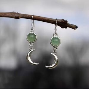 Earrings Women's Silver Green Stone Moon New f50